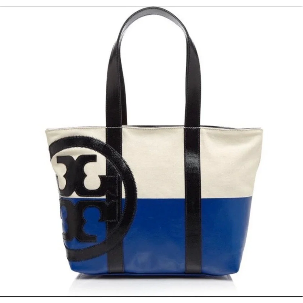 Tory Burch Ella Tote Canvas Colorblock Logo Shoulder Bag Womens Large Blue White